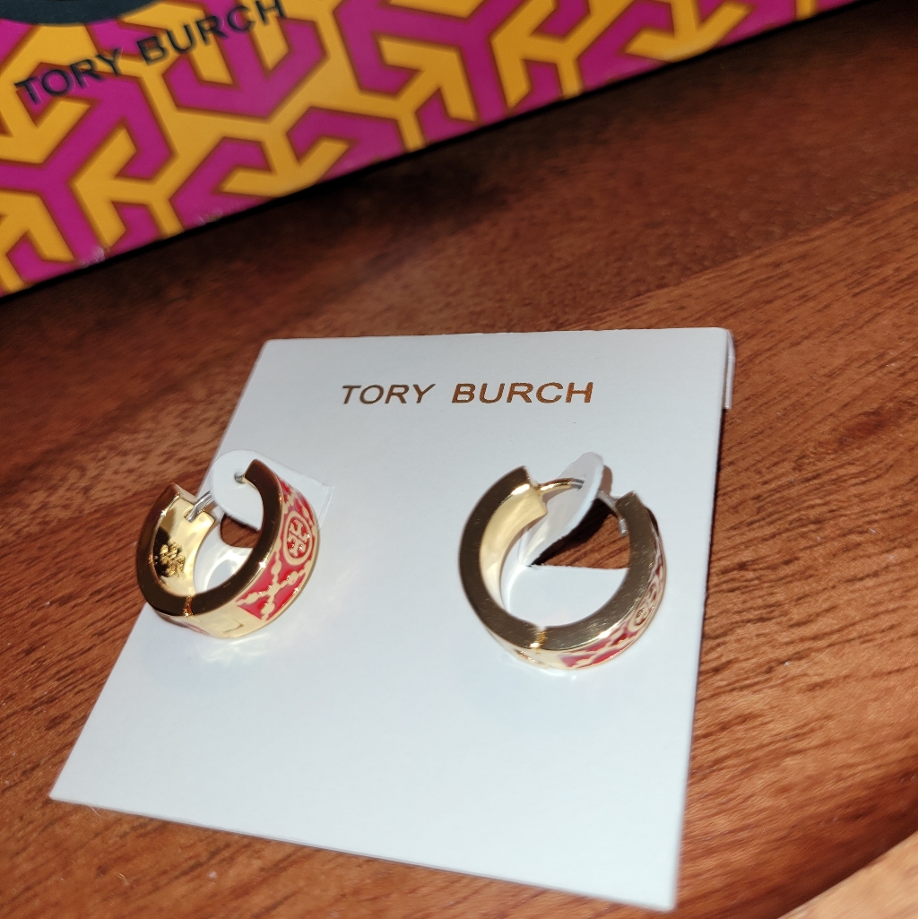 Tory Burch Gold And Red Enamel Huggie Earrings